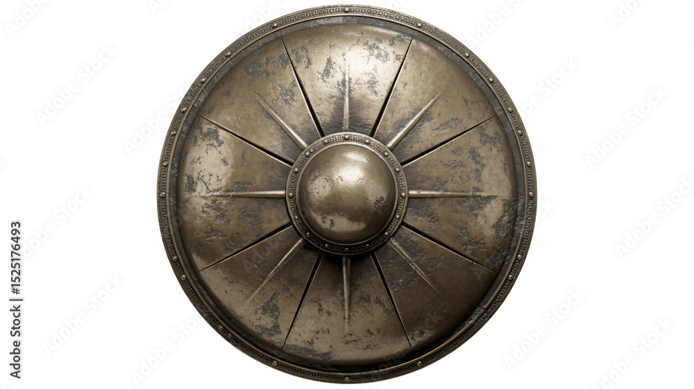 Naklejka premium Ancient Bronze Shield: A weathered bronze shield, its surface etched with the marks of time and battle, commands attention with its circular form and central boss.