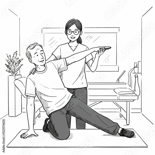 Senior man doing physical therapy exercises with therapist.  Patient performs side plank under supervision of healthcare professional in clinic.