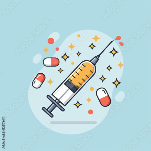 Medical syringe with capsules. Illustration of injection and pills, showcasing medical tools and pharmaceutical products.