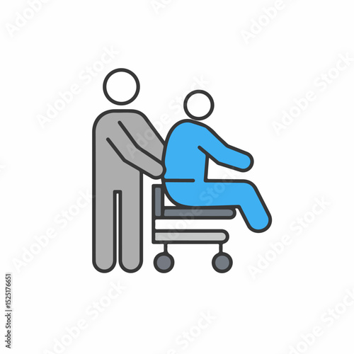 Person assisting another person in wheelchair.  Caregiver helping patient to sit comfortably in wheelchair.  Medical assistance and support concept for ophthalmology or traumatology brochures.