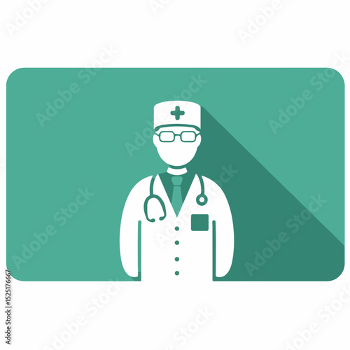 Doctor icon in white coat with stethoscope and glasses. Medical professional graphic illustration featuring a healthcare worker.