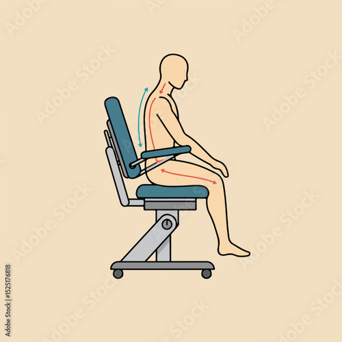 Correct posture in ergonomic chair for back health. Illustration shows person sitting with proper spinal alignment, reducing strain and promoting comfort.