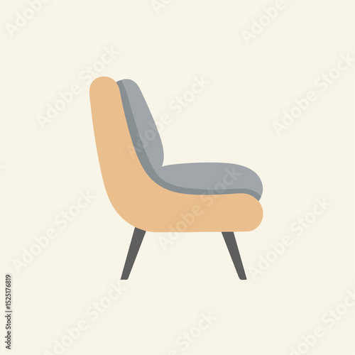 Comfortable armchair with soft gray fabric and light wood frame. Modern armchair design with curved lines and stylish legs. This image is perfect for brochures, websites,