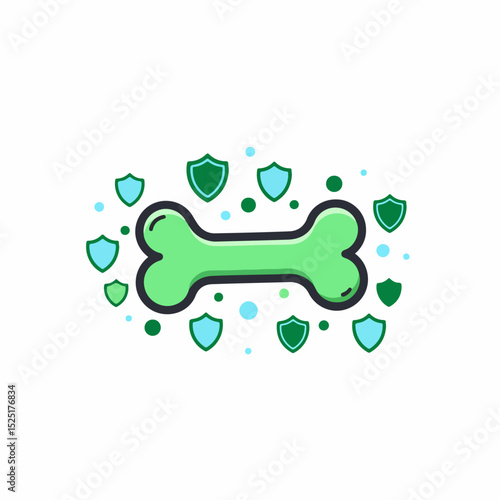 Green bone surrounded by protective shields. Illustration of a strong and healthy bone structure, ideal for representing bone health and protection.
