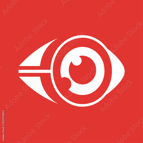 Stylized eye icon on red background. Simple eye symbol with white iris and pupil. Modern eye graphic for ophthalmology or traumatology branding.