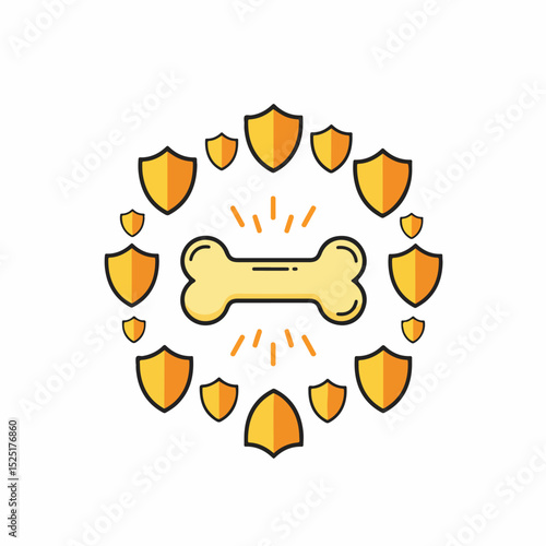 Strong bone surrounded by protective shields. Illustration shows a healthy bone in the center, encircled by numerous shields symbolizing bone health and protection.