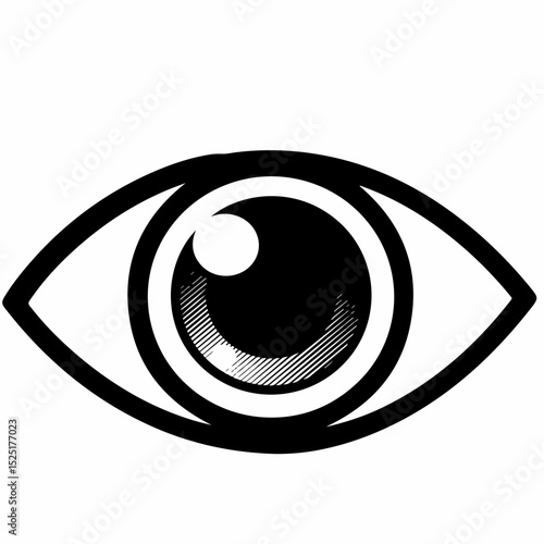 Detailed human eye illustration. Black and white graphic eye design with detailed pupil and iris.  High contrast image ideal for ophthalmology or traumatology brochures and educational materials.