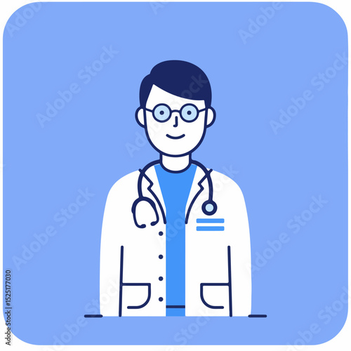 Doctor illustration, friendly male physician in lab coat with stethoscope, simple line art design.  Professional medical illustration perfect for healthcare websites, clinic brochures,