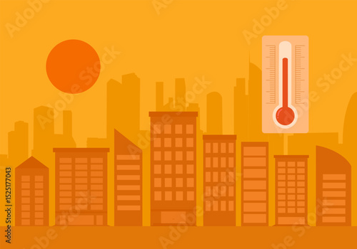 Hot climate in the city with strong sunlight and thermometer in flat design. Hot summer day concept.