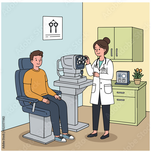 Eye exam in ophthalmology clinic. Patient sits in chair, doctor uses ophthalmic equipment. Comprehensive eye examination for vision correction,