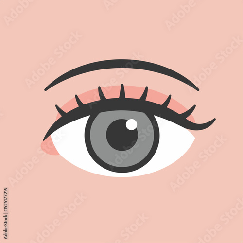 Close-up illustration of gray human eye with eyelashes and eyebrows on pink background. Detailed eye drawing shows iris, pupil, and sclera.