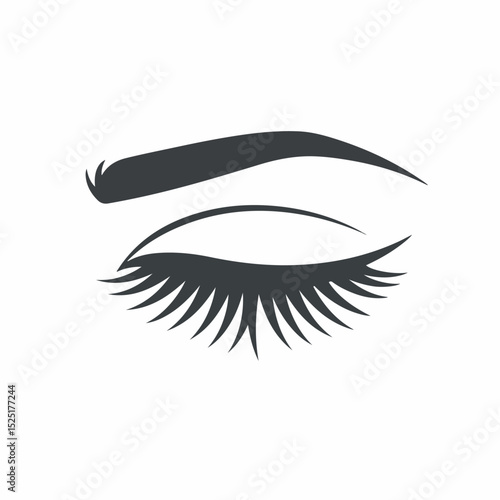 Closed eye with long eyelashes and eyebrow. Detailed graphic illustration of a woman's eye featuring long, thick eyelashes and a well-defined eyebrow.