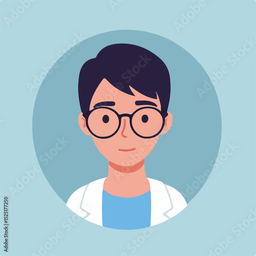 Young doctor portrait in round frame. Male ophthalmologist or traumatologist in glasses and lab coat. Professional medical image perfect for ophthalmology or traumatology clinic website.