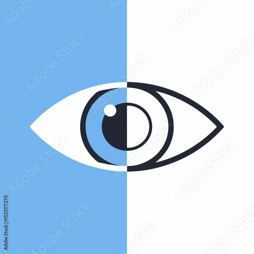 Stylized eye graphic design, half light half dark, divided by vertical line.  Eye illustration shows contrast and balance, representing vision and perception.