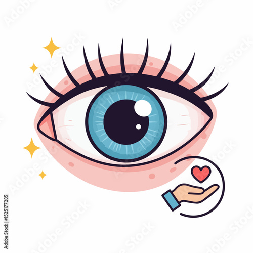 Human eye illustration with eyelashes and hand holding heart. Detailed eye drawing shows iris, pupil and eyelid.  Cute graphic design for ophthalmology or traumatology brochures, posters,