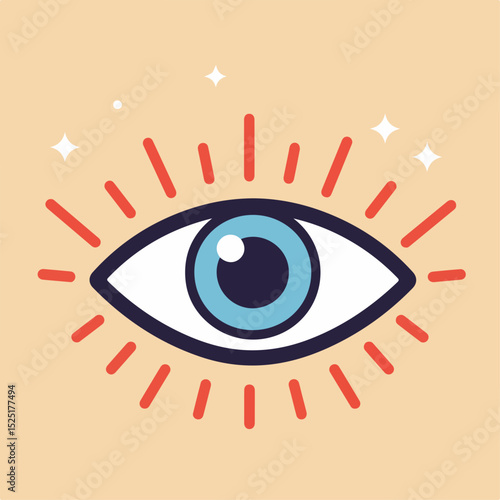 Bright blue eye with radiating lines. Eye symbol design with glowing rays and simple lines. Mystical eye graphic perfect for spiritual guidance and laboratory branding.