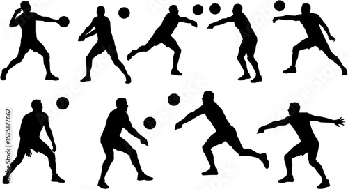 Volleyball player serving ball, isolated vector silhouette, front view. Team sport athlete logo
