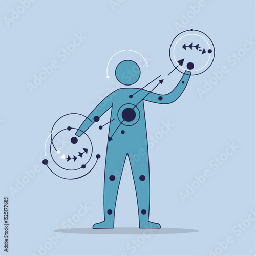 Person manipulating energy spheres.  Human figure controls swirling energy flows.  Concept of bioenergy, human potential, and spiritual power. This illustration is ideal for laboratory reports,