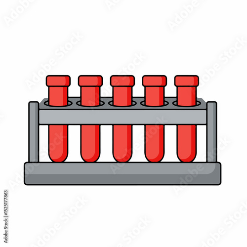Six test tubes in metal rack. Red liquid samples in glass tubes stand on laboratory equipment.  Scientific experiment concept image for laboratory use.