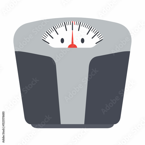 Bathroom scale showing weight measurement. Simple analog scale design with gray body and black platform.  This weight scale is perfect for fitness apps, health websites, or weight loss programs.