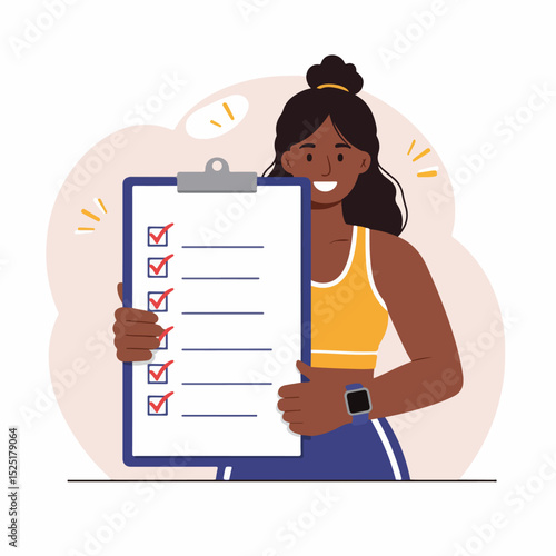 Smiling woman holding fitness checklist on clipboard.  Fitness plan includes exercises and healthy eating goals.  Positive fitness concept for gym promotion or health blog.