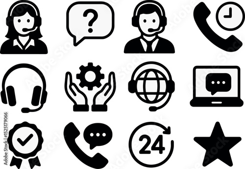 customer service icon set with operators, headphones, phone calls, settings, chat, 24h support, laptop and badge in solid black style.