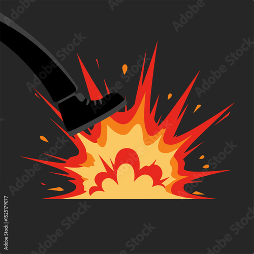 Powerful foot crushing explosion illustration.  Dramatic explosion effect with intense fiery colors and black silhouette of boot.
