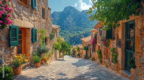Picturesque medieval street in Fornalutx village, Mallorca. Spanish style stone buildings, arches, shutters. Sunny day. Mountain view. Travel, tourism to Europe, Spain, Balearic Islands. Vacation.