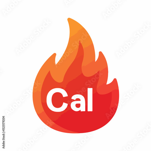 Red fire flame calorie logo with text Cal.  Burning calorie symbol for fitness app interface. This fiery calorie counter icon is perfect for weight loss and diet apps.