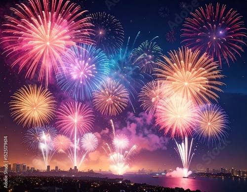 Colorful fireworks explode over city skyline at night