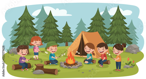 Adorable flat style illustration of two kids enjoying a camping trip in the forest. They are sitting by a campfire, roasting marshmallows, with a striped tent and pine trees in the background. 
