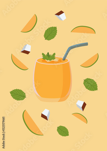 Fruit cocktail smoothies with melon, coconut and mint on the background. Slices and cubes scattered around the glass. In cartoon style on yellow background. Suitable for summer designs.