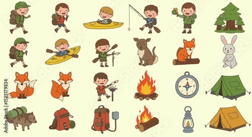 A fun and colorful cartoon icon set featuring kids doing outdoor activities like hiking, kayaking, fishing, and camping. Includes camping gear, wildlife animals, tents, campfire, and navigation tools.