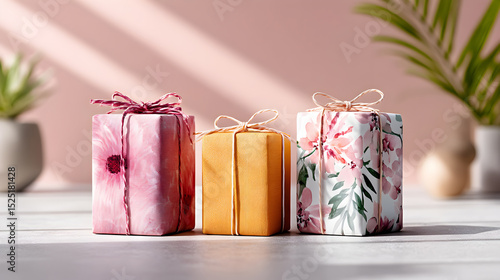 Colorful gift boxes with floral designs and ribbons arranged on a bright surface with soft shadows and greenery in the background. Seletive focus
