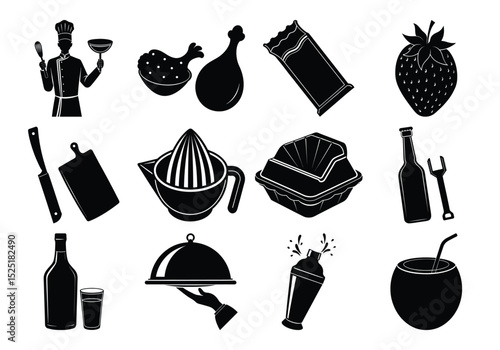Food and Drink Icons Chef, Ingredients, and Restaurant Supplies