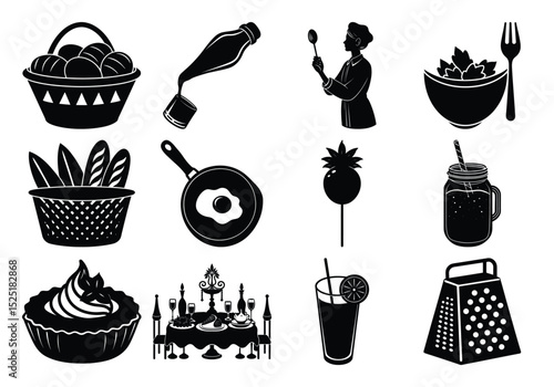 Culinary Icons A Collection of Black and White Food and Cooking Silhouettes