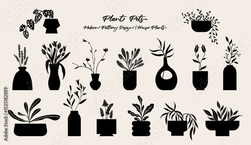 Plant pots vector illustration, folk art style, silhouette, black and white graphics, isolated elements. 