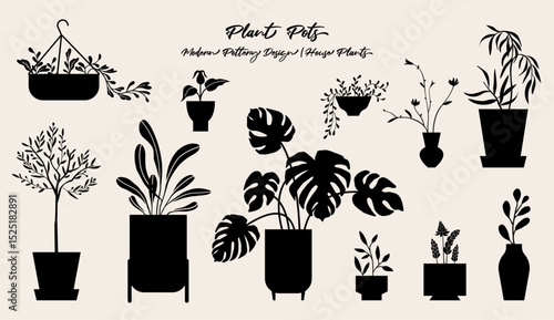 Plant pots vector illustration, folk art style, silhouette, black and white graphics, isolated elements. 