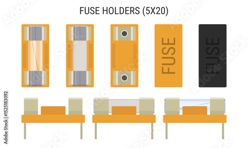 Fuse holder set. Collection of fuse holders for glass and ceramic 5x20mm fuses. Vector illustration, EPS10