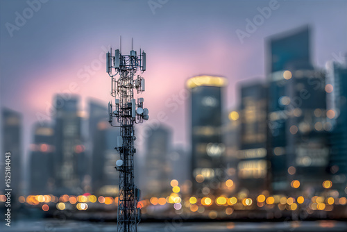 5G Communication Hub: Cell Tower Against Bokeh City Lights at Dusk”
Artistic photograph of a cellular communication tower with multiple antenna arrays positioned against a beautifully blurred cityscap