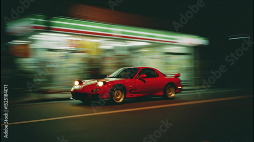 Red Sports Car Speeding at Night in the City