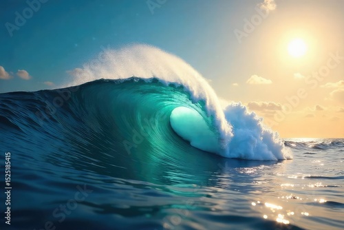 Fototapeta Naklejka Na Ścianę i Meble -  A lone wave crests, resembling a powerful leader surging forward across a vast, deep ocean  The sun glints off the water's surface, highlighting its majesty and strength ,  crest,  leader