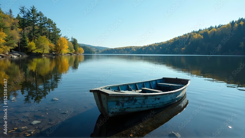 Fototapeta premium Serene Lakeside Landscape Still Water, Tranquil Reflections, and a Lonely Boat
