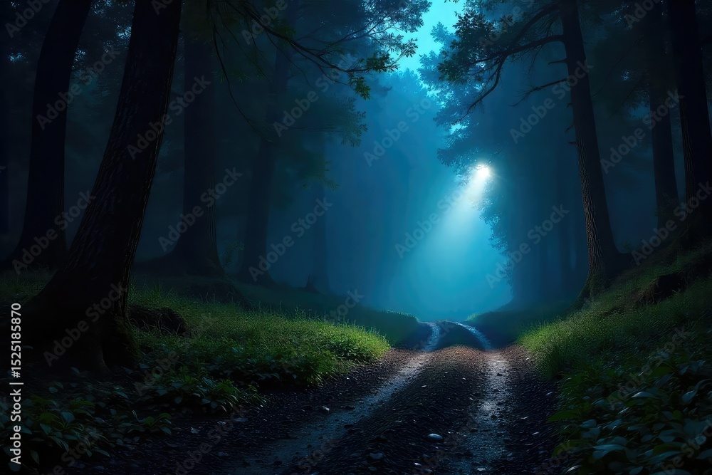 Fototapeta premium A powerful flashlight beam cuts through the darkness, illuminating a mysterious path ahead Perfect for adventure, exploration, and safety themes , black, search, woods