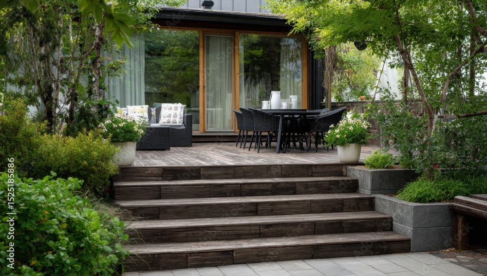 Outdoor dining area on a wooden deck Outdoor dining area on a wooden deck