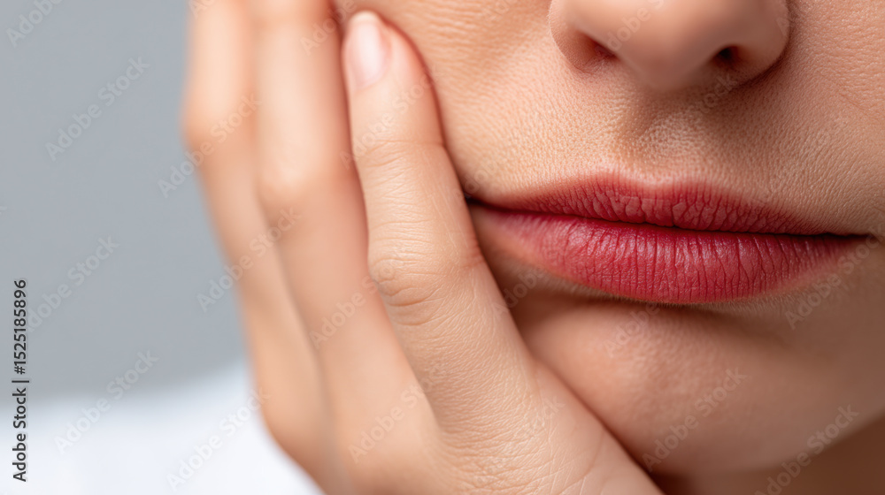 Obraz premium Close up of woman touching her cheek with pained expression, showing skin discomfort or sensitivity, with focus on lips and skin texture. image conveys feelings of discomfort or skin sensitivity