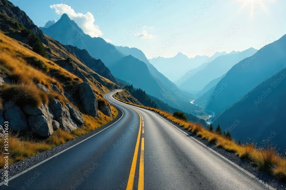 Naklejka premium A winding mountain road disappears into the distance, symbolizing a long and challenging journey ahead The rugged terrain and distant peaks evoke a sense of adventure and the unknown , shadow, hills