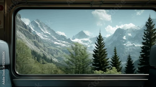 Spectacular mountain panorama seen from a train window offers a breathtaking travel experience.