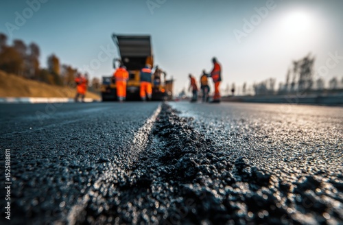 Road construction with crew and paving machine