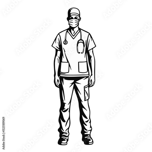 Outline Drawing of a Doctor or Nurse in Scrubs Uniform